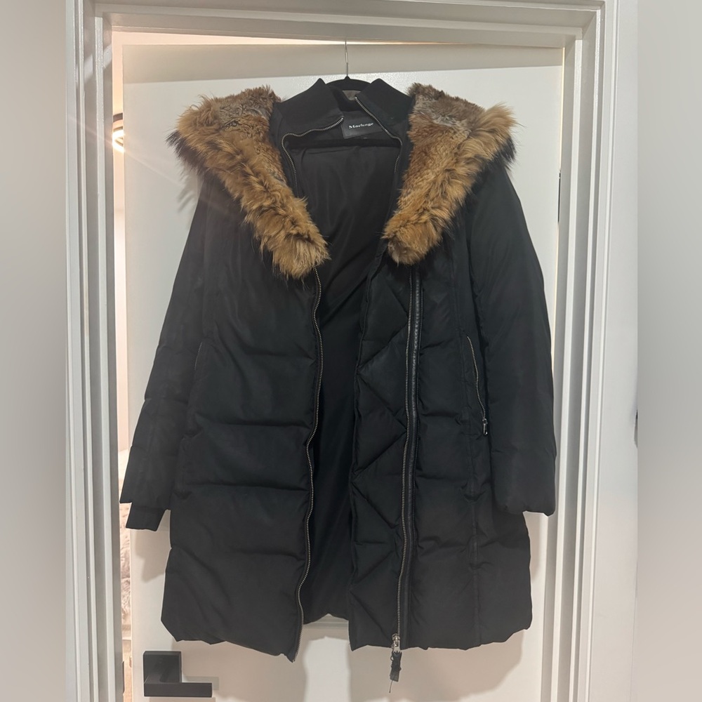 Mackage Black Down Puffer Coat with Fur-Trim Hood – Size M